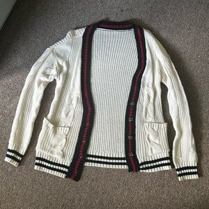 White Cardigan with Black and Red Trim